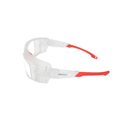 SRX WORKSAFE VECTOR, FROSTED CLEAR FRAME, RED TIP NOSEPAD, CLEAR HARD-COATED LENS